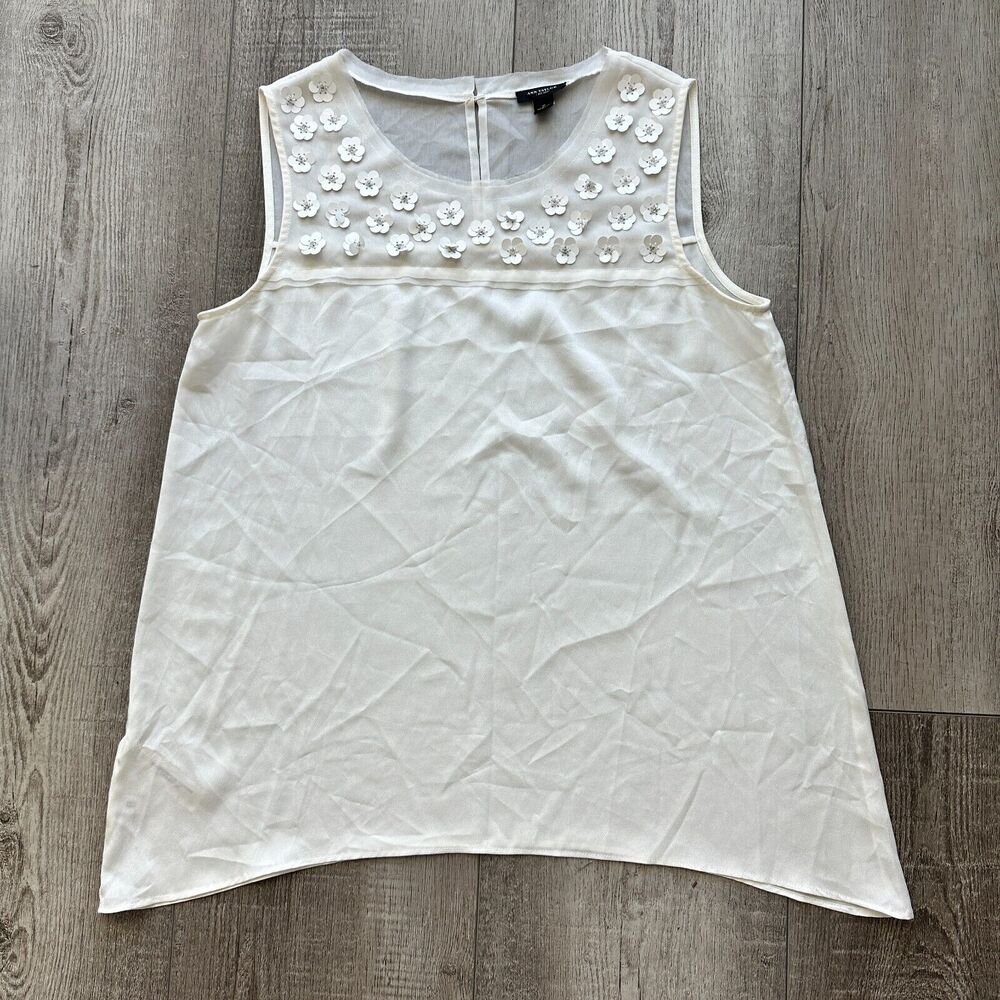 Ann Taylor Floral Applique Sequin Sheer Yoke Tank Top Womens Size S White Shell